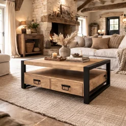 Table basse double plateau bois métal 4 tiroirs MILORA