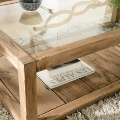 Table basse double plateau en bois de pin recyclé etverre DENVER