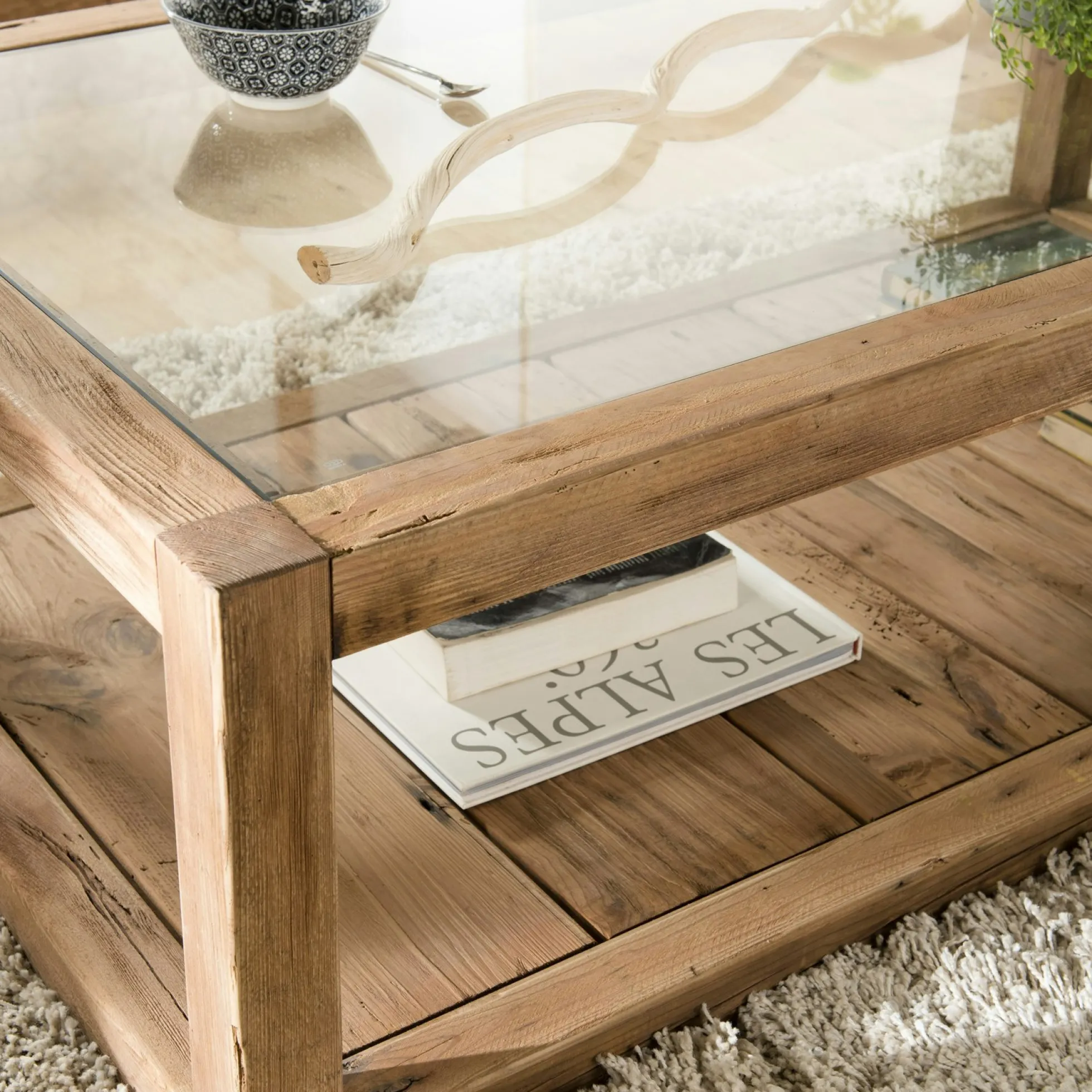 Table basse double plateau en bois de pin recyclé etverre DENVER