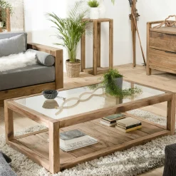 Table basse double plateau en bois de pin recyclé etverre DENVER