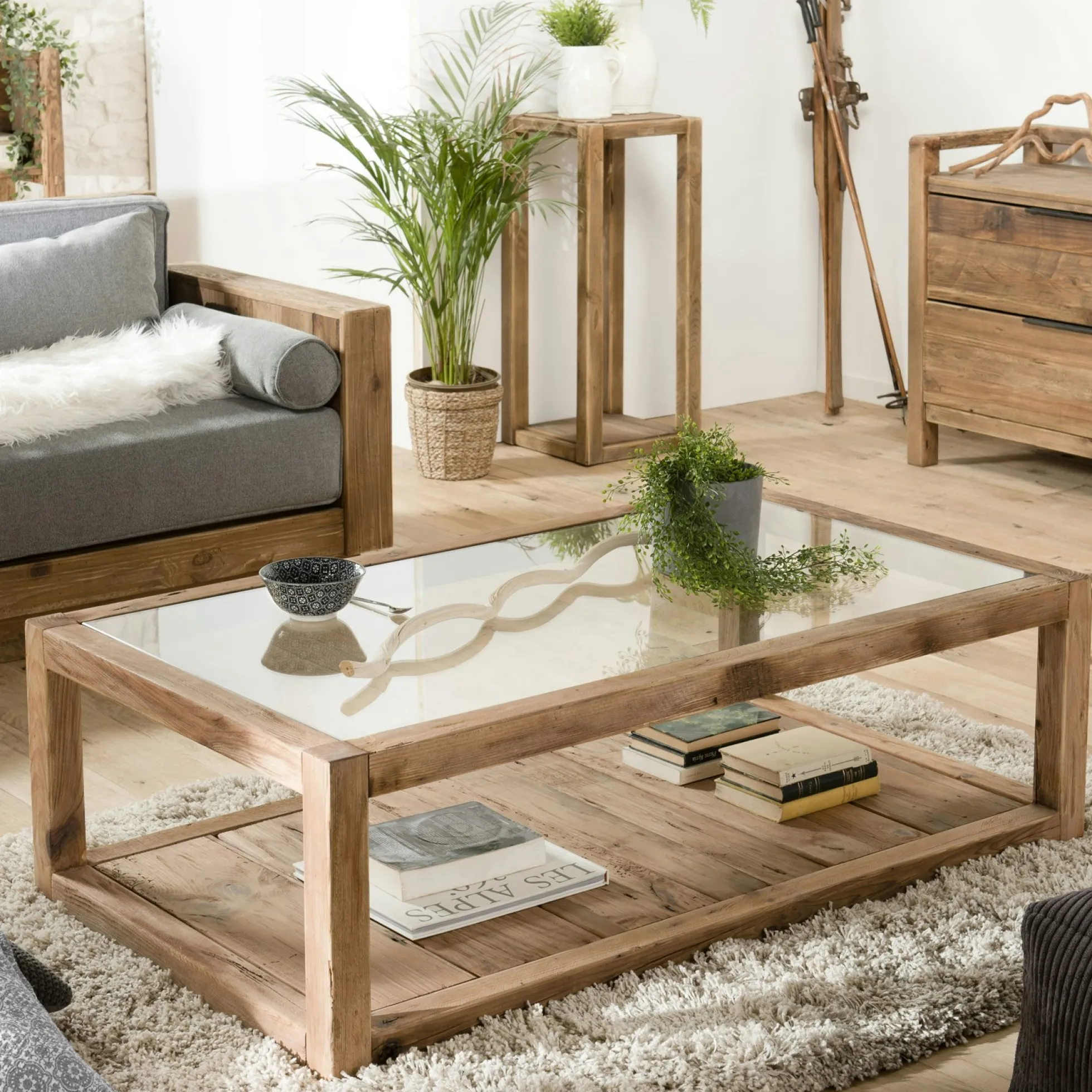 Table basse double plateau en bois de pin recyclé etverre DENVER