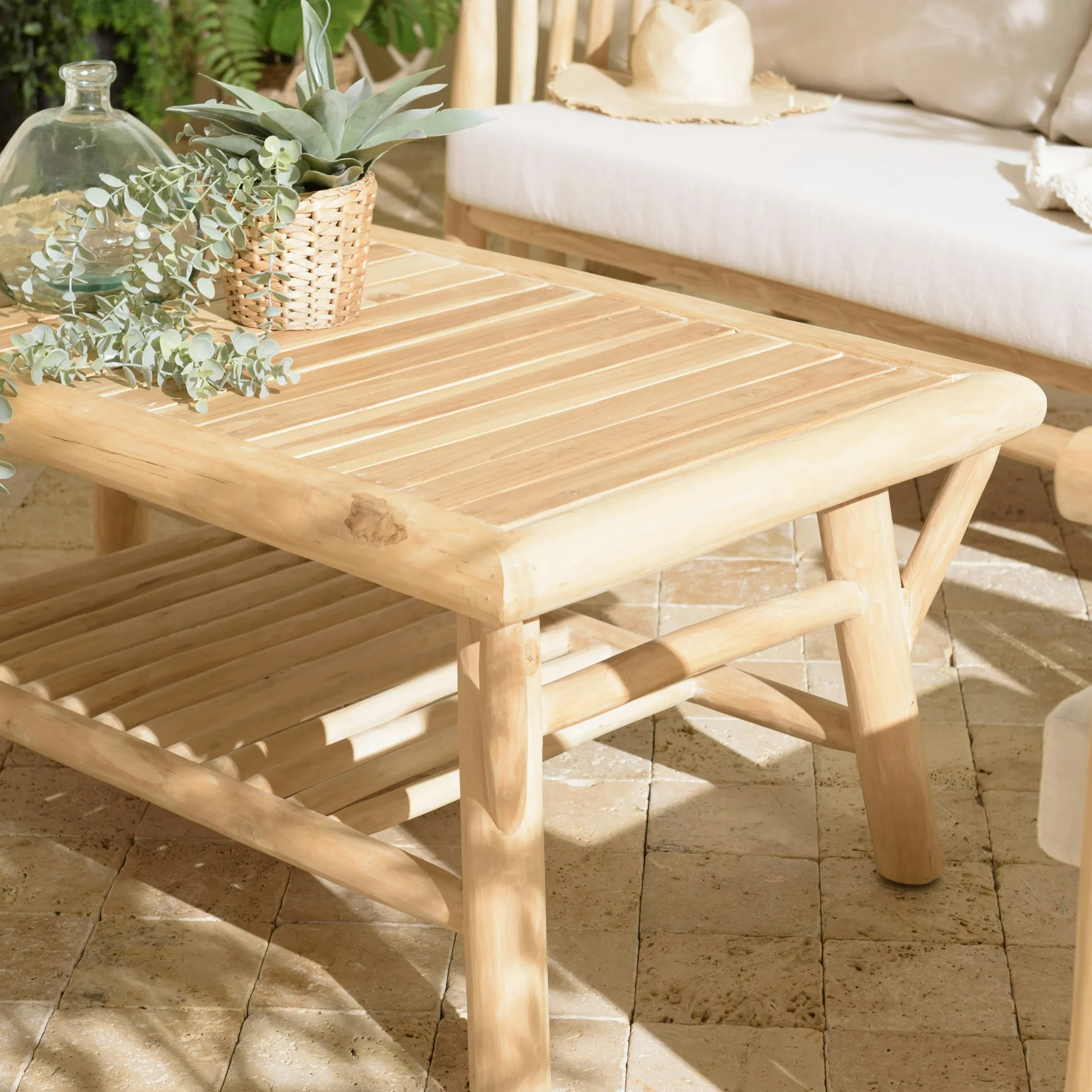 Table basse double plateau rondins de teck naturel MANAK