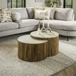 Table basse en bois de manguier et céramique, forme lune (lot de 2) ASCOLI