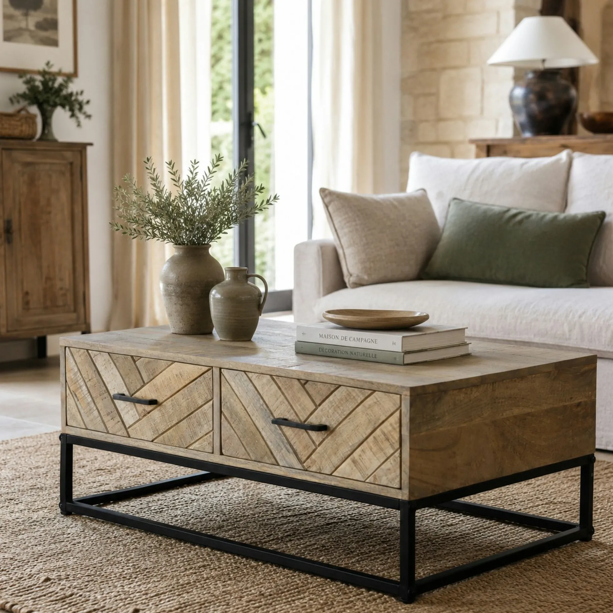 Table basse en bois de manguier 2 tiroirs BRIX