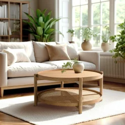 Table basse en bois de mindi 80.5cm avec tablette en rotin naturel TIVARO