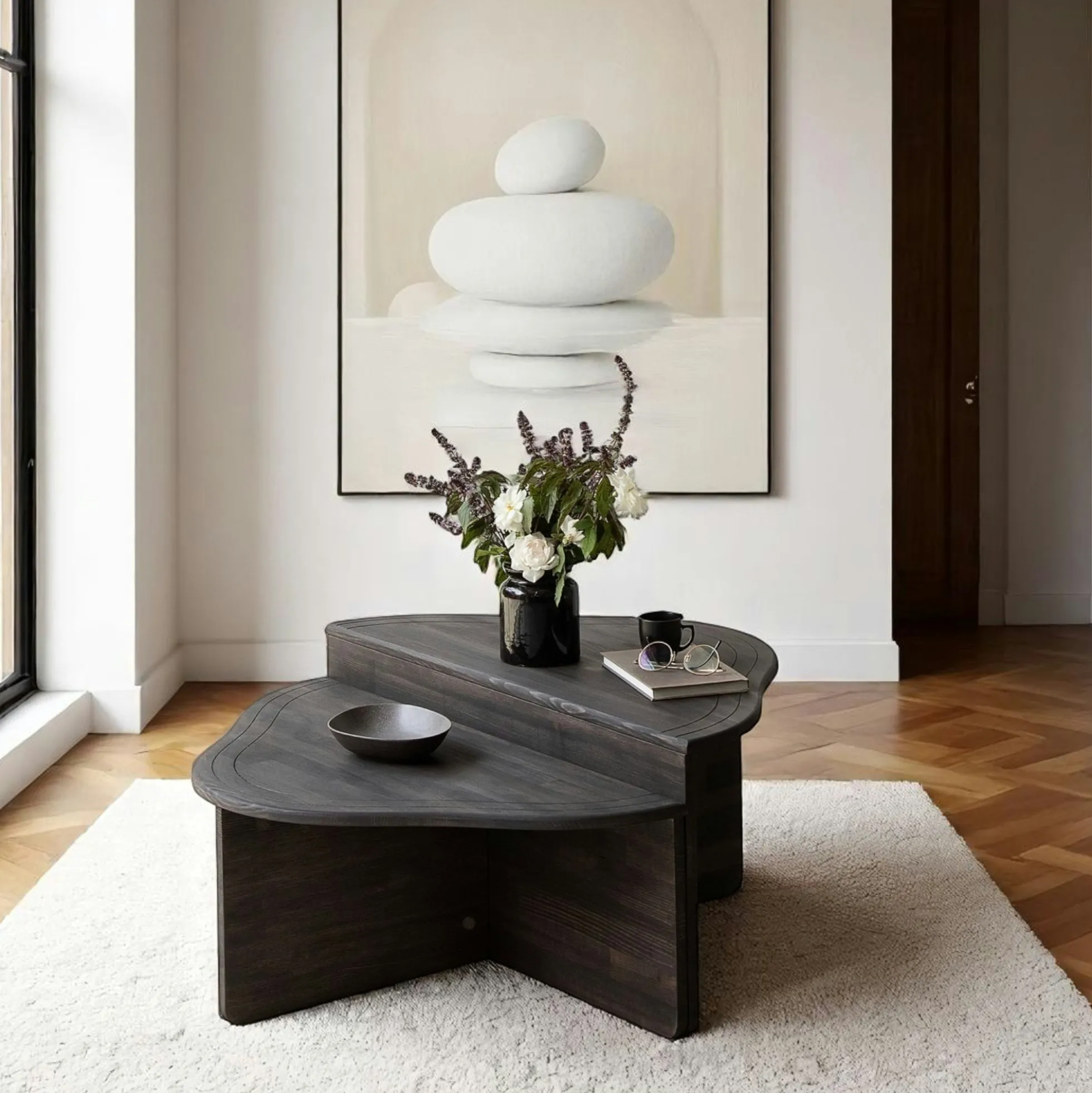 Table basse en bois gris foncé - organique, 2 hauteurs LINARES