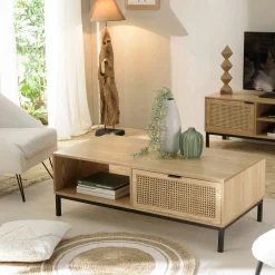 Table basse en bois 2 tiroirs cannage rotin PALMA
