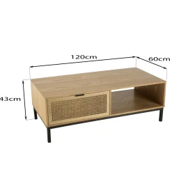 Table basse en bois 2 tiroirs cannage rotin PALMA