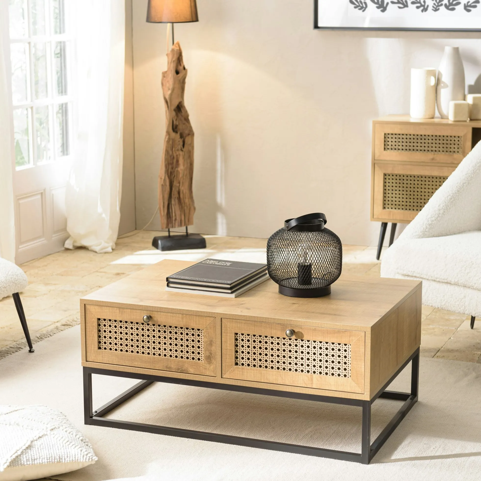 Table basse en bois 4 tiroirs cannage naturel ALCUDIA
