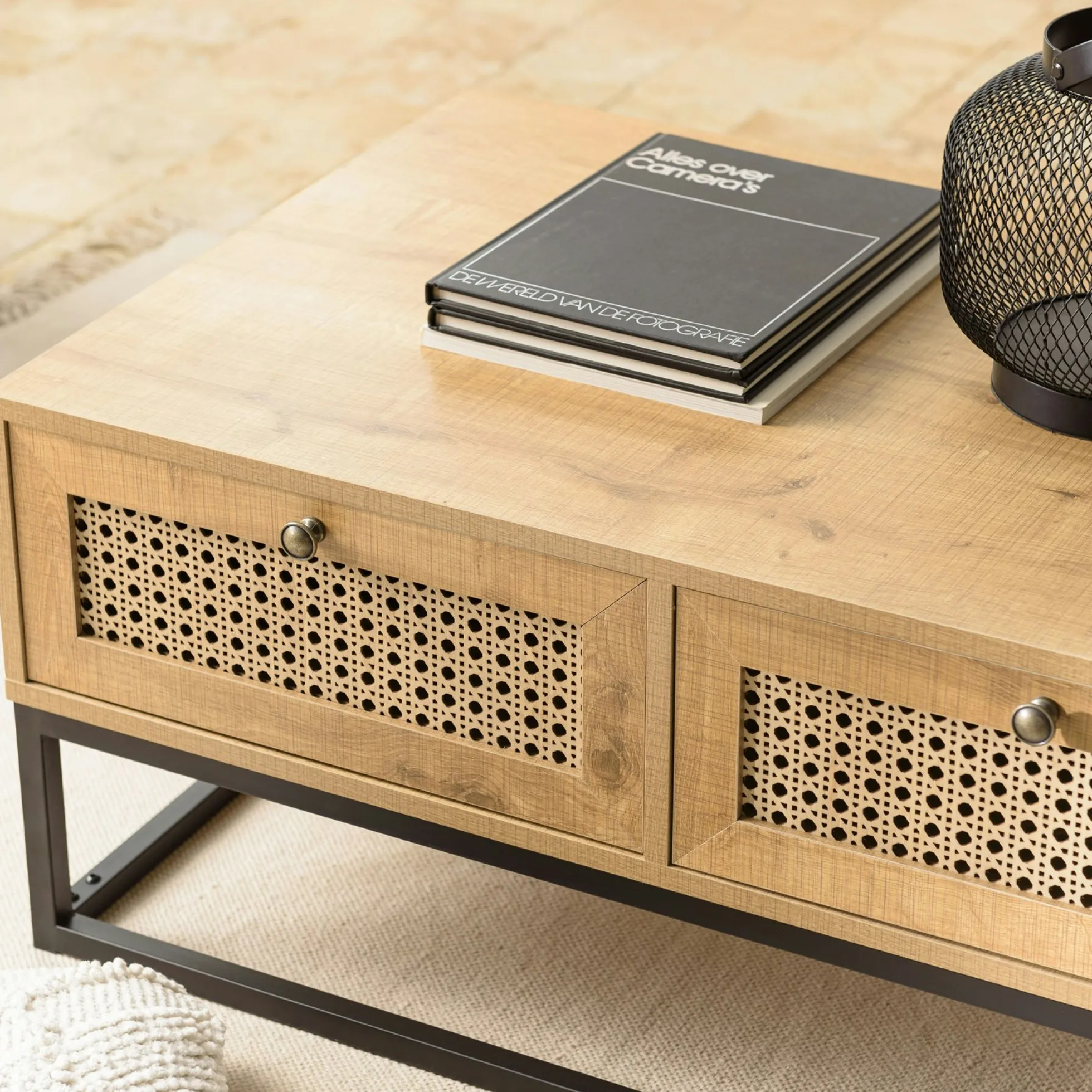 Table basse en bois 4 tiroirs cannage naturel ALCUDIA