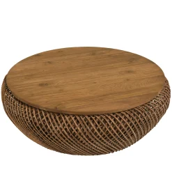 Table basse en rotin couleur marron et bois de teck recyclé D80cm SWING