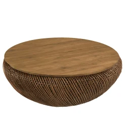 Table basse en rotin couleur marron et bois de teck recyclé D100cm SWING