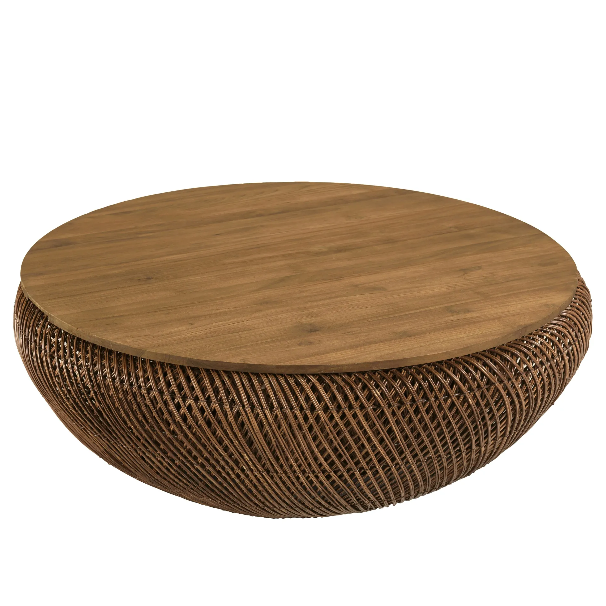 Table basse en rotin couleur marron et bois de teck recyclé D100cm SWING