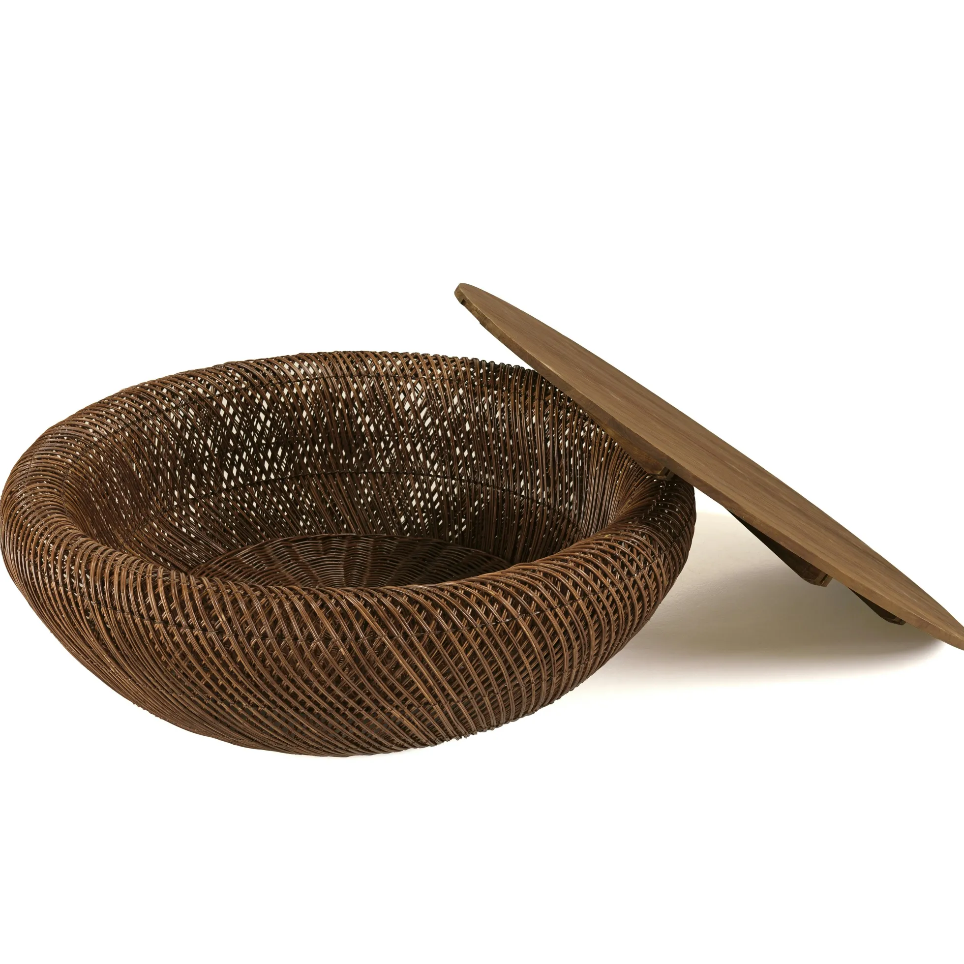 Table basse en rotin couleur marron et bois de teck recyclé D100cm SWING
