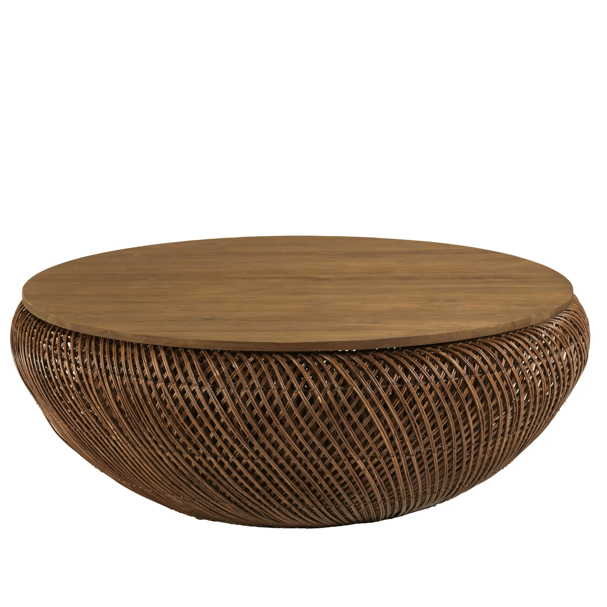 Table basse en rotin couleur marron et bois de teck recyclé D100cm SWING