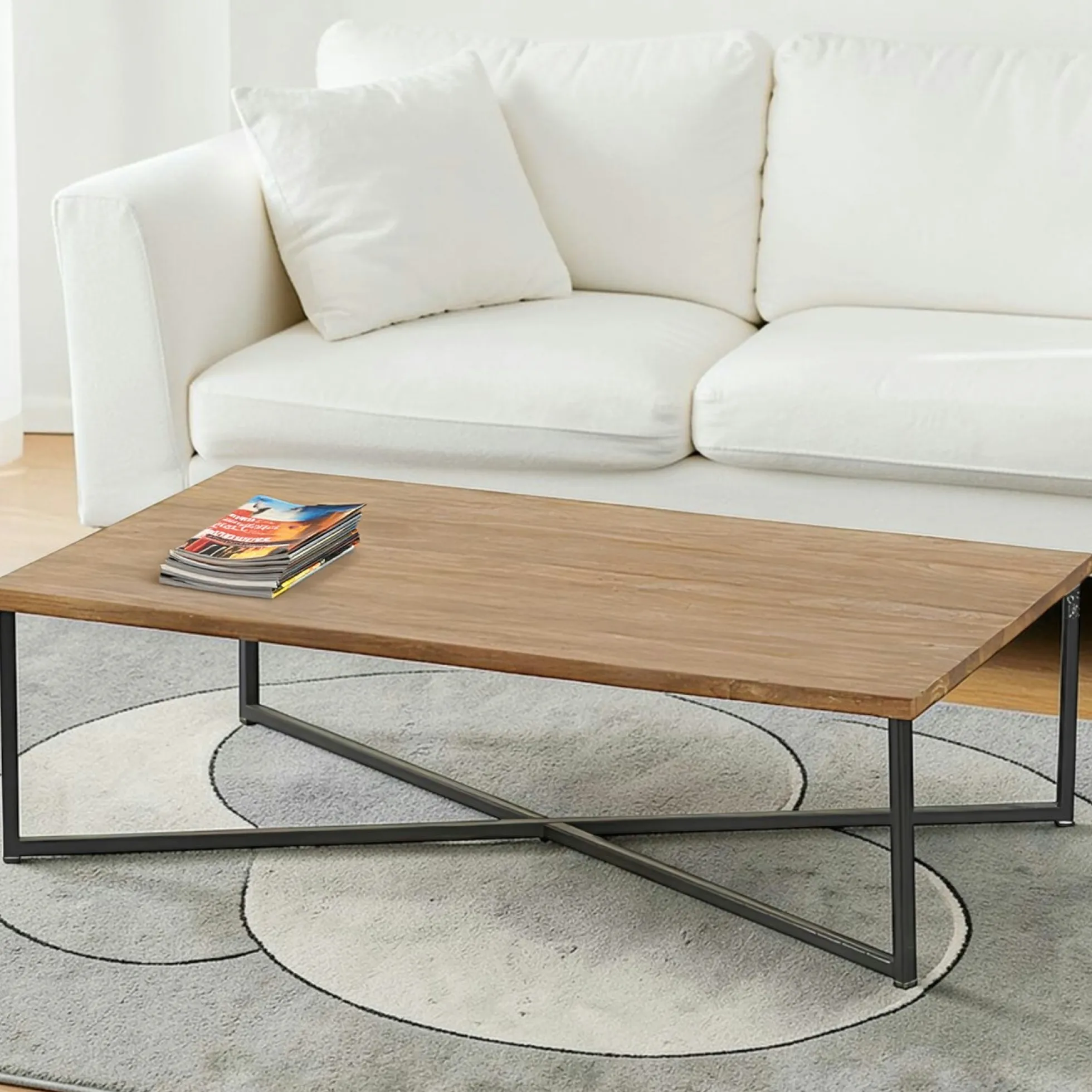 Table basse en teck pieds croisés métal PUNE