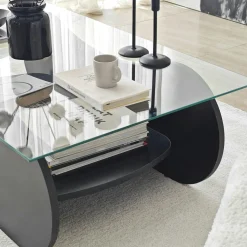 Table basse en verre, base luge noire avec rangement SALTA