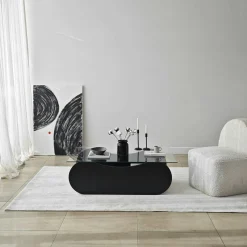 Table basse en verre, base luge noire avec rangement SALTA