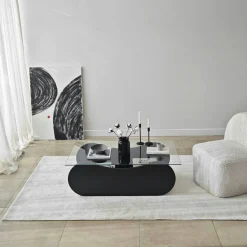 Table basse en verre, base luge noire avec rangement SALTA