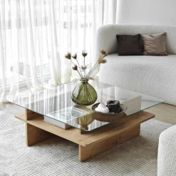 Table basse en verre carrée, base effet bois SALTA