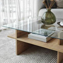 Table basse en verre carrée, base effet bois SALTA