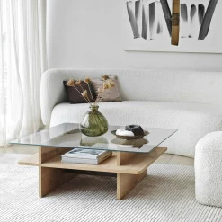 Table basse en verre carrée, base effet bois SALTA