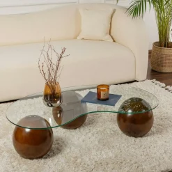 Table basse en verre design – 3 pieds boules marrons KOCHI
