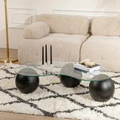 Table basse en verre design – 3 pieds boules noirs KOCHI