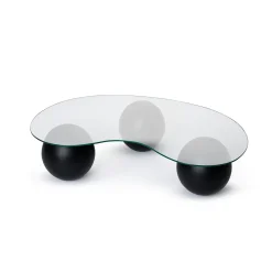 Table basse en verre design – 3 pieds boules noirs KOCHI