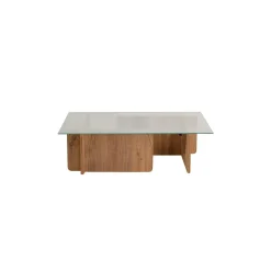 Table basse en verre déstructurée – base effet bois SALTA