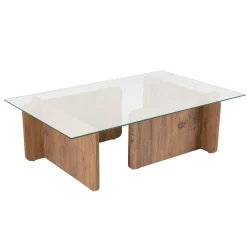 Table basse en verre déstructurée – base effet bois SALTA
