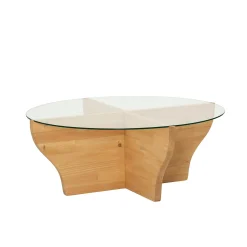 Table basse en verre et bois clair - pied en X, ANZIO
