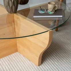 Table basse en verre et bois clair - pied en X, ANZIO