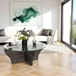 Table basse en verre et bois gris foncé - pied en X, ANZIO