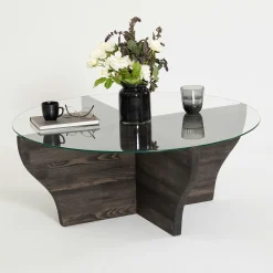 Table basse en verre et bois gris foncé - pied en X, ANZIO