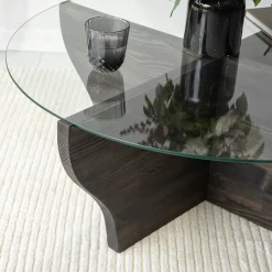 Table basse en verre et bois gris foncé - pied en X, ANZIO