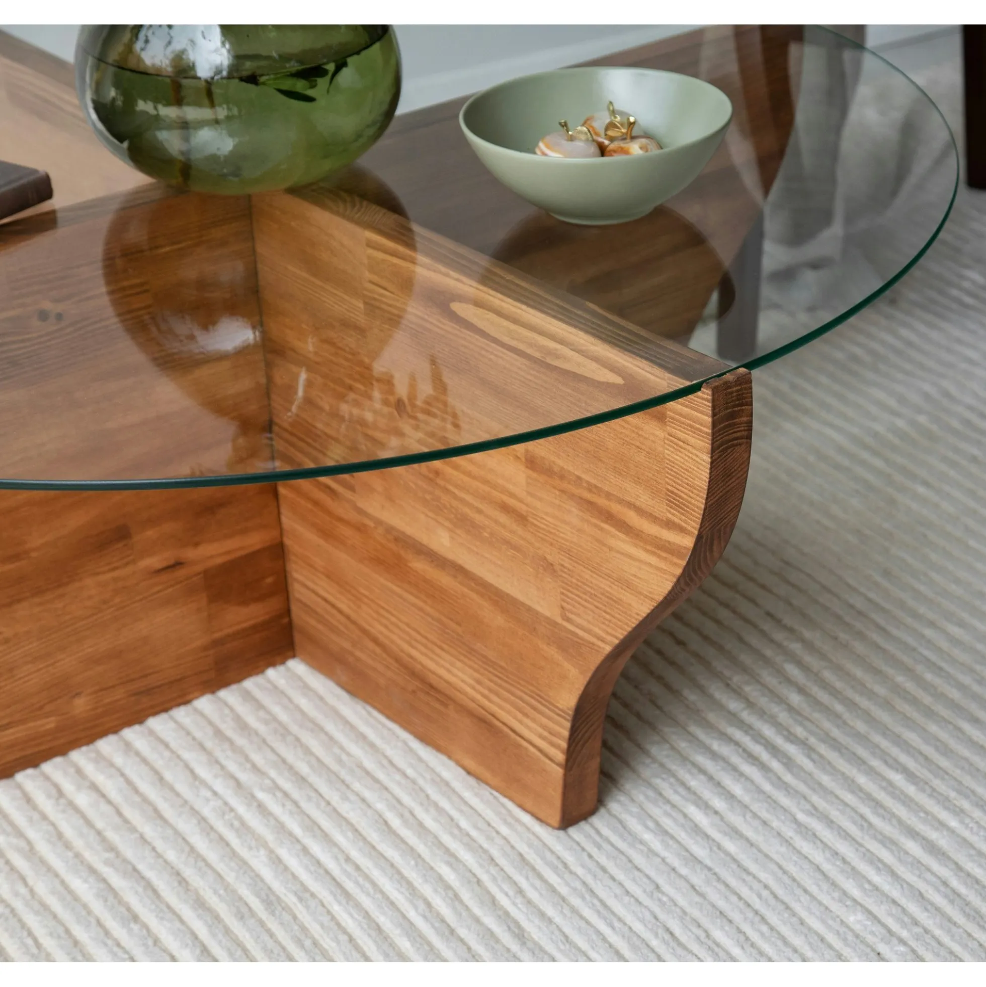 Table basse en verre et bois marron - pied en X, ANZIO