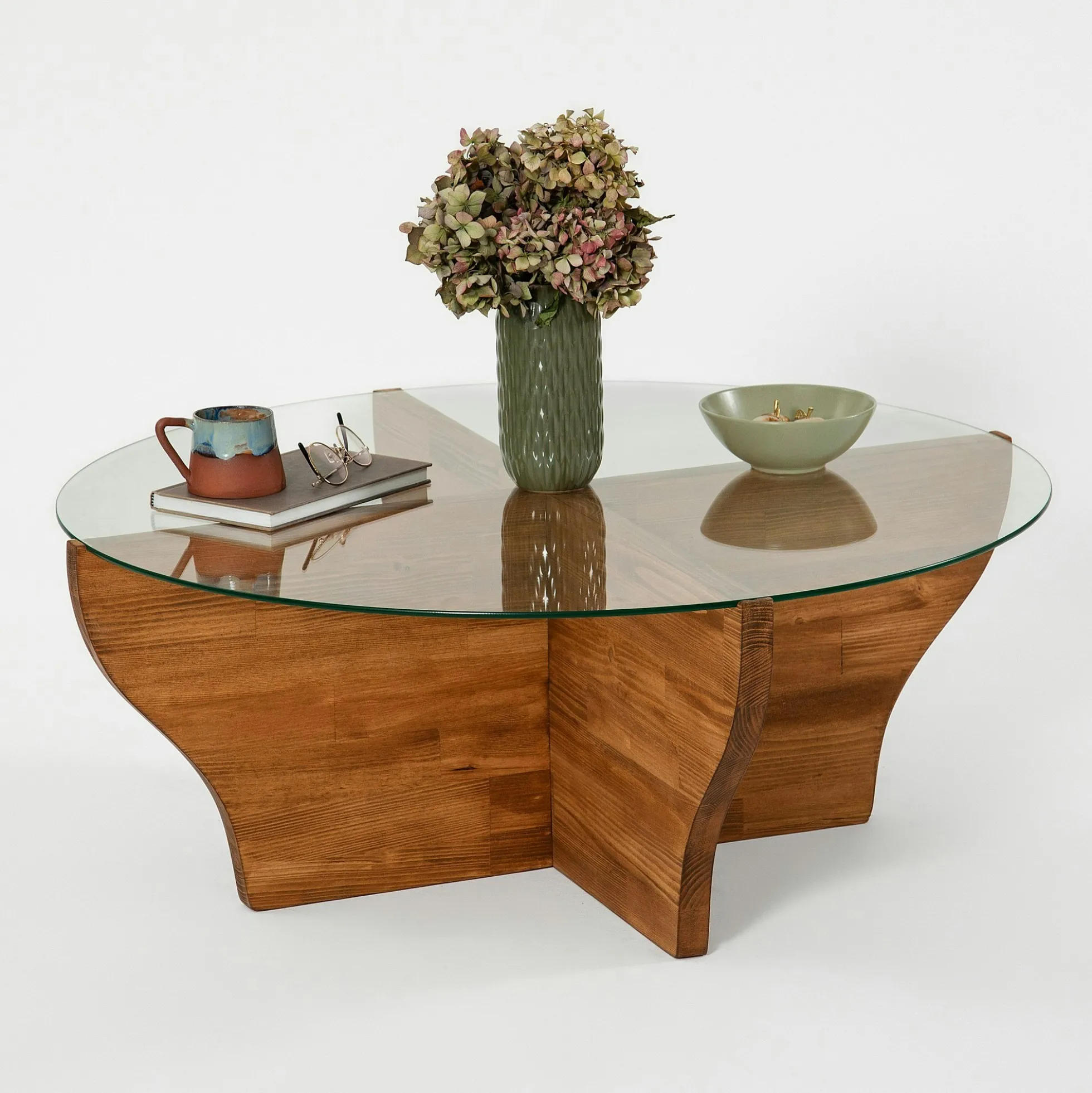 Table basse en verre et bois marron - pied en X, ANZIO
