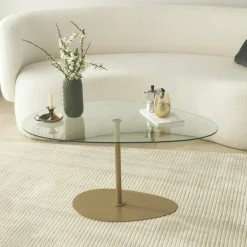 Table basse en verre forme triangle organique pied doré TULUM