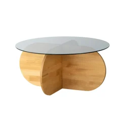 Table basse en verre fumé – pied en croix bois clair ANZIO
