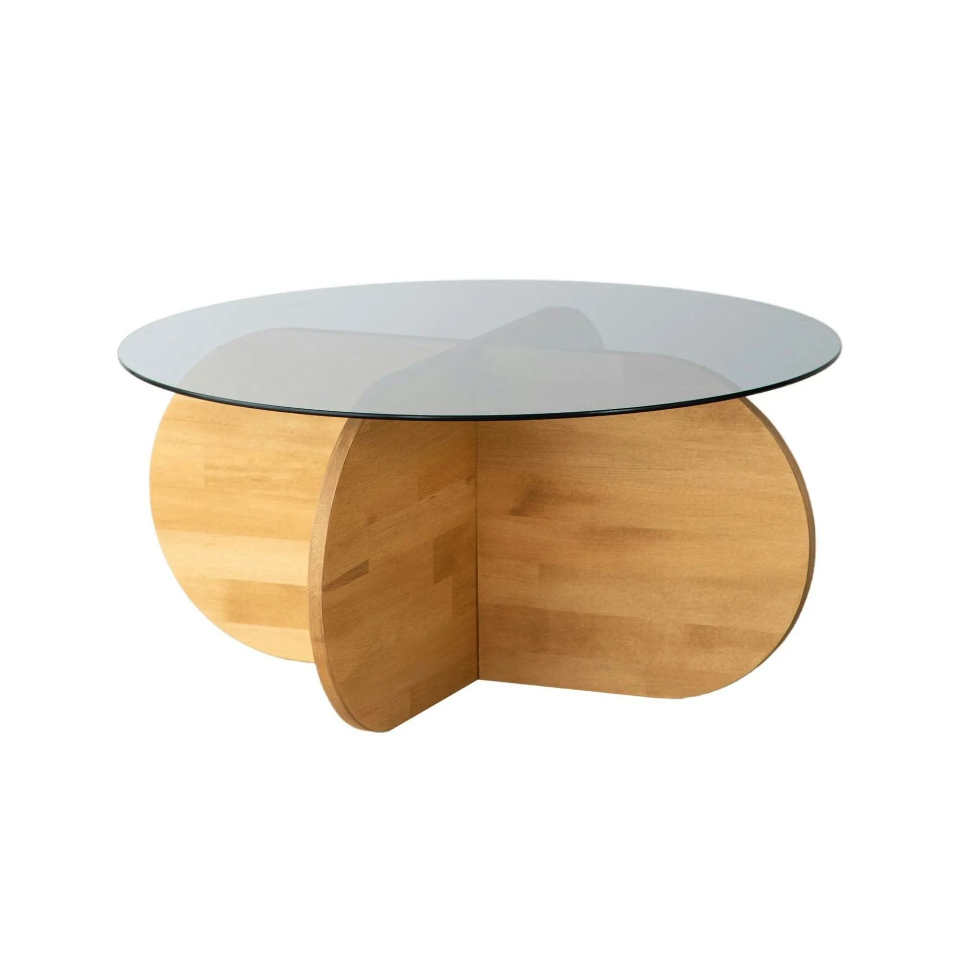 Table basse en verre fumé – pied en croix bois clair ANZIO