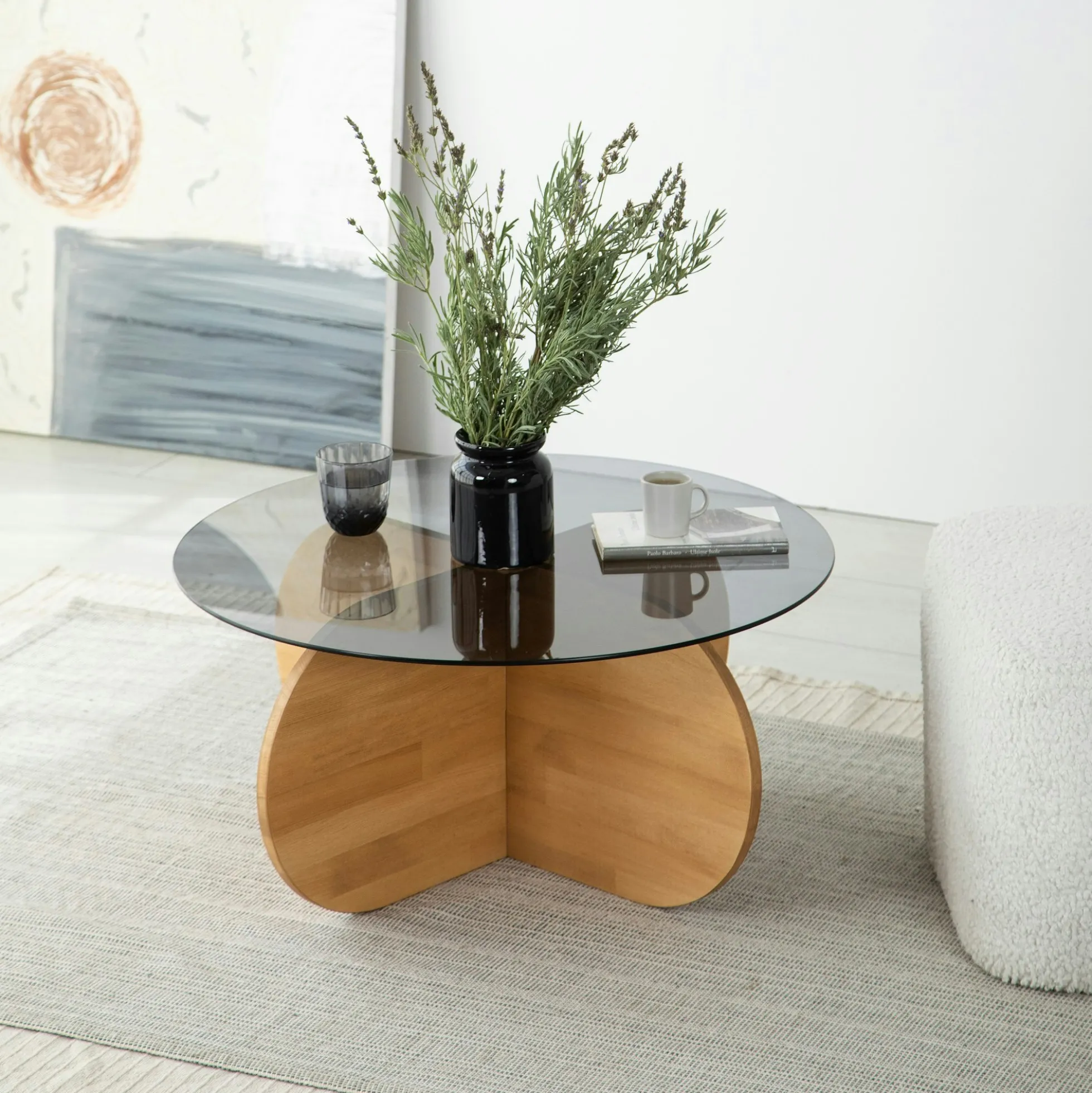 Table basse en verre fumé – pied en croix bois clair ANZIO