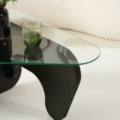 Table basse en verre - pied bois brun, forme triangle ANZIO