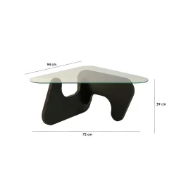 Table basse en verre - pied bois brun, forme triangle ANZIO