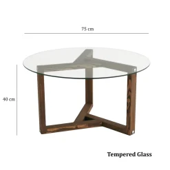 Table basse en verre - pied 3 branches, bois brun ANZIO