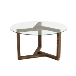 Table basse en verre - pied 3 branches, bois brun ANZIO