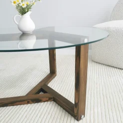 Table basse en verre - pied 3 branches, bois brun ANZIO