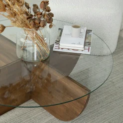 Table basse en verre – pied croix bois brun, 90 cm ANZIO