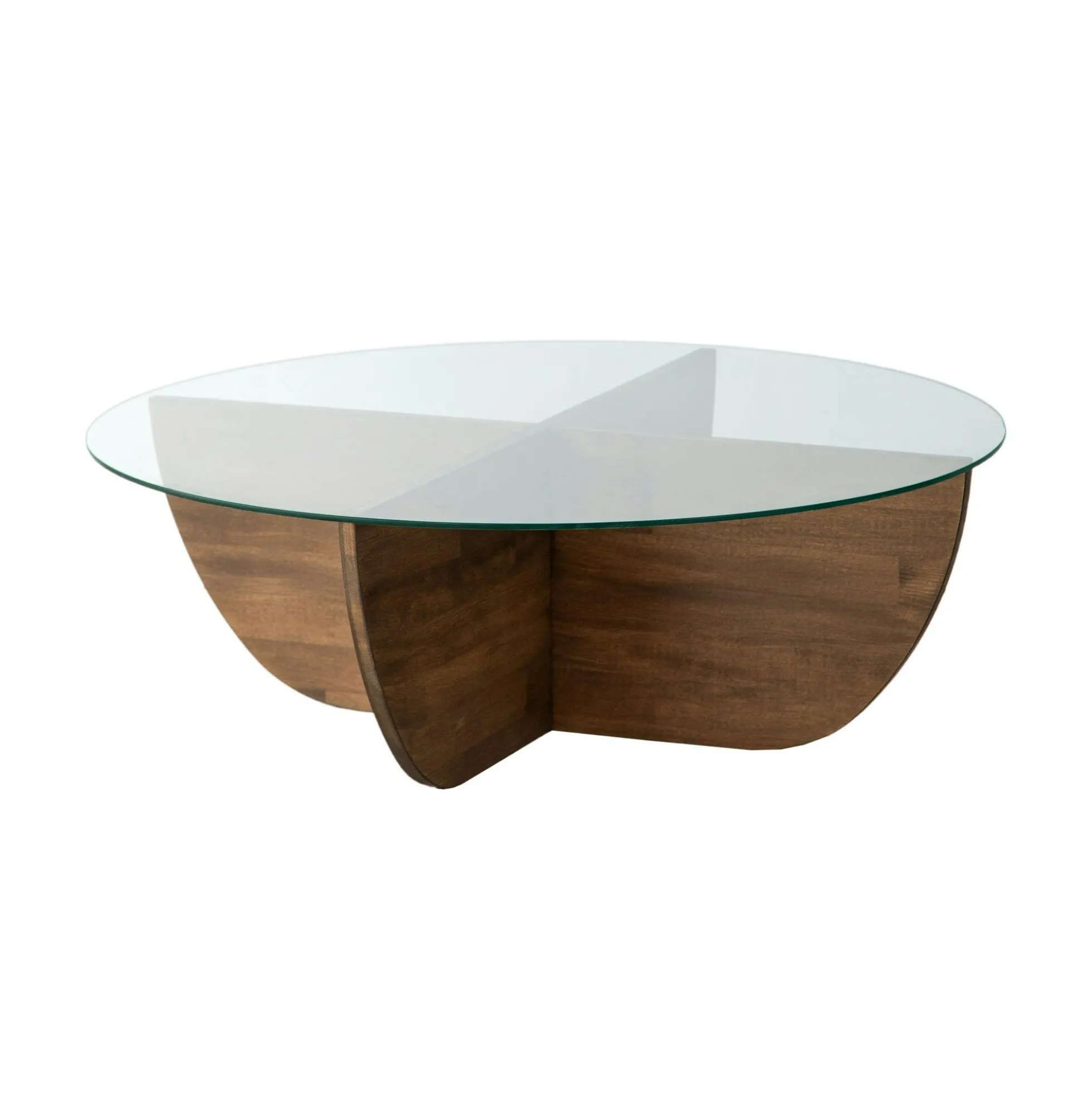 Table basse en verre – pied croix bois brun, 90 cm ANZIO