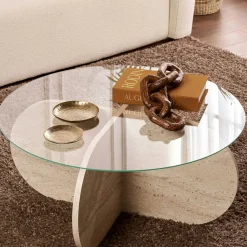 Table basse en verre - pied en croix effet travertin SALTA